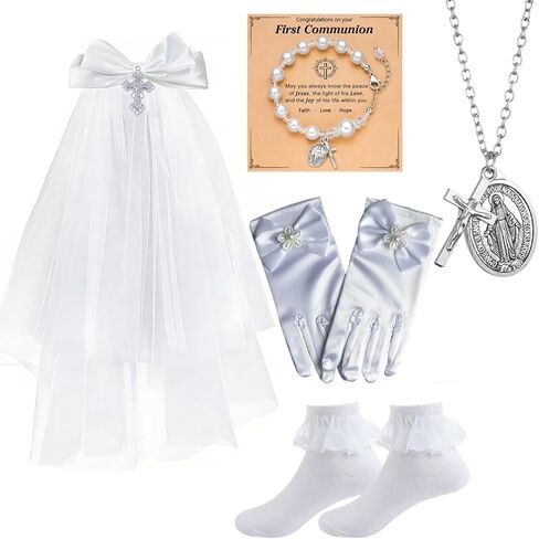 First Communion Veils Set 1st Communion White Bow and Cross Veil Headpiece Bracelet Gloves Sock Accessories in Saudi Arabia
