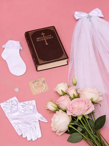 First Communion Veils Set 1st Communion White Bow and Cross Veil Headpiece Bracelet Gloves Sock Accessories in Saudi Arabia