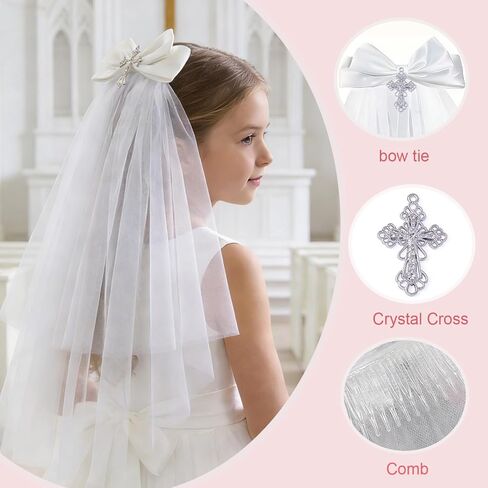 First Communion Veils Set 1st Communion White Bow and Cross Veil Headpiece Bracelet Gloves Sock Accessories in Saudi Arabia