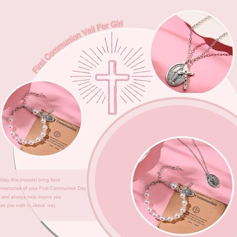 First Communion Veils Set 1st Communion White Bow and Cross Veil Headpiece Bracelet Gloves Sock Accessories in Saudi Arabia