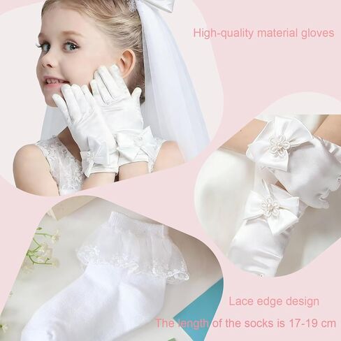 First Communion Veils Set 1st Communion White Bow and Cross Veil Headpiece Bracelet Gloves Sock Accessories in Saudi Arabia