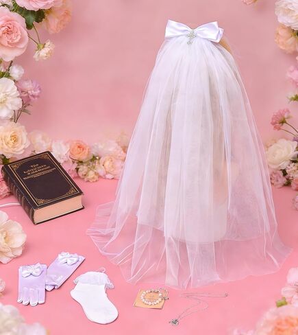 First Communion Veils Set 1st Communion White Bow and Cross Veil Headpiece Bracelet Gloves Sock Accessories in Saudi Arabia