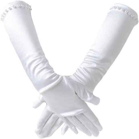 PURFUN Kids Girl Pincess Pearl Long Satin Gloves First Holy Communion Halloween Costume Birthday Party Gloves for 6-10yrs in Kuwait