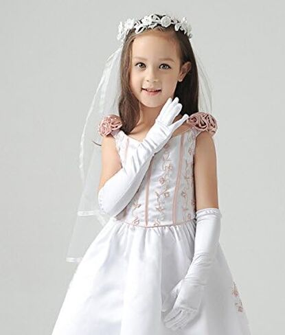 PURFUN Kids Girl Pincess Pearl Long Satin Gloves First Holy Communion Halloween Costume Birthday Party Gloves for 6-10yrs in Kuwait