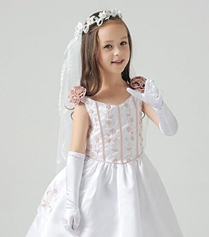 PURFUN Kids Girl Pincess Pearl Long Satin Gloves First Holy Communion Halloween Costume Birthday Party Gloves for 6-10yrs in Kuwait