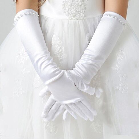 PURFUN Kids Girl Pincess Pearl Long Satin Gloves First Holy Communion Halloween Costume Birthday Party Gloves for 6-10yrs in Kuwait
