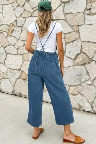 Women's Dusk Blue Adjustable Tie Straps Cropped Wide Leg Denim Overalls in Saudi Arabia