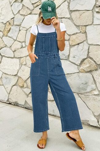 Women's Dusk Blue Adjustable Tie Straps Cropped Wide Leg Denim Overalls in Saudi Arabia