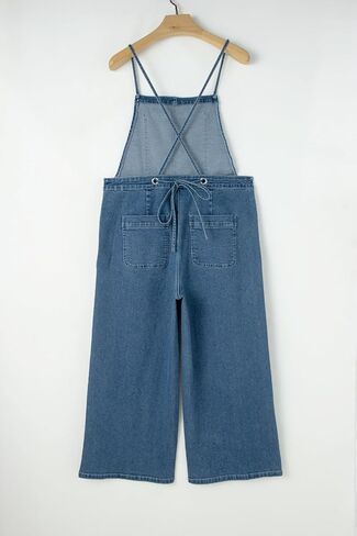 Women's Dusk Blue Adjustable Tie Straps Cropped Wide Leg Denim Overalls in Saudi Arabia