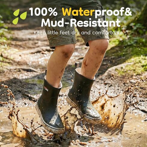 HISEA Kids Rain Boots for Girls Boys Toddler, Waterproof Non-Slip Easy-on Rubber Deck Boots, Lightweight Flexible Unisex-Child Ankle Chelsea Booties for Outdoor School Play in Kuwait