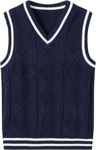 Boys Girls Cable Knit Sweater Vest Cotton V Neck Sleeveless Argyle School Uniform Vests 4T-14Y in Saudi Arabia