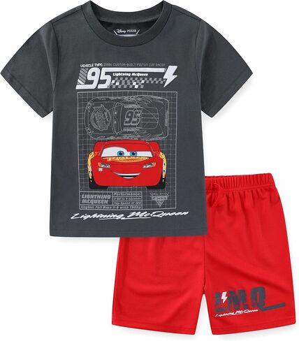 طقم تي شيرت بأكمام قصيرة للأولاد من Disney Cars Lightning McQueen ومجموعة قصيرة شبكية للأطفال الصغار والكبار in Kuwait