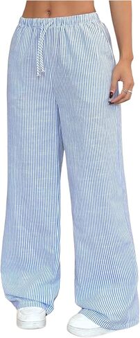 GORGLITTER البنات السراويل العصرية الكتان مخطط واسعة الساق منخفضة الارتفاع فضفاض Sweatpants عارضة بوهو السراويل قيعان السراويل in Kuwait
