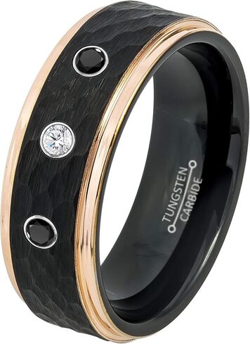 خاتم تنجستن مكون من 3 أحجار من الألماس الأبيض والأسود 0.21 قيراط - حجر بخت شهر أبريل - 8 مم بلونين أسود مطروق في المنتصف من الذهب الوردي IP حافة متدرجة مريحة مناسبة للجنسين لذكرى الزفاف in Kuwait