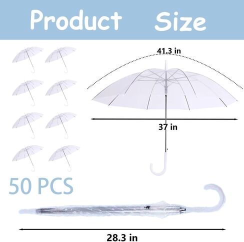 50 قطعة من مظلة الزفاف الشفافة للمطر، مظلات كبيرة مقاومة للرياح مع مقبض خطاف أبيض للضيوف، تصوير حفل زفاف العروس والعريس، حفلة التخرج، الجولف، الحفلات، مظلة شفافة in Kuwait