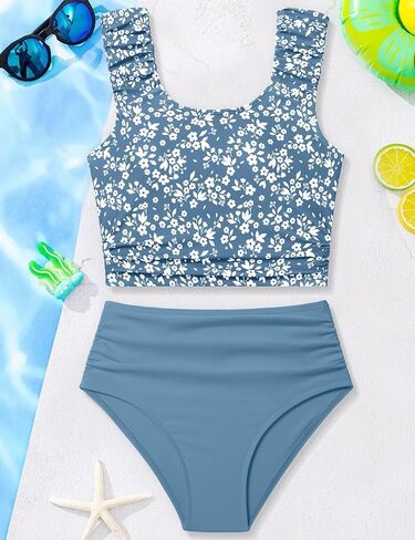 الفتيات ملابس السباحة Tankini 2 قطعة ثوب السباحة تويست الصليب عودة انقطاع السباحة تانك الأعلى الأزهار طباعة ملابس السباحة لمدة 7-18Y in Kuwait