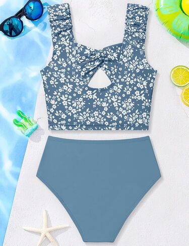 الفتيات ملابس السباحة Tankini 2 قطعة ثوب السباحة تويست الصليب عودة انقطاع السباحة تانك الأعلى الأزهار طباعة ملابس السباحة لمدة 7-18Y in Kuwait