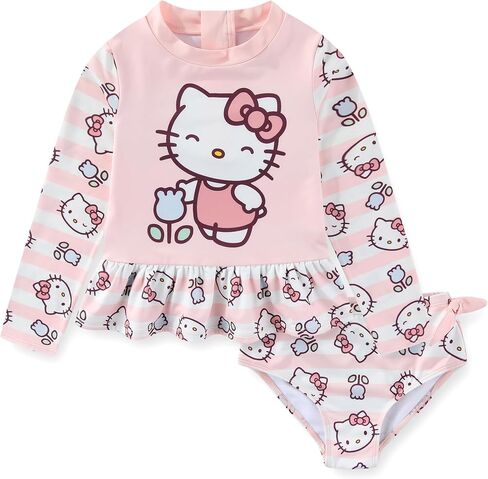 طقم ملابس سباحة Hello Kitty Sanrio للفتيات بعامل حماية من الأشعة فوق البنفسجية 50+ وأكمام طويلة وجزء سفلي بيكيني من قطعتين للأطفال الصغار in Kuwait