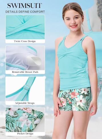 Alakuoti Tween Girls Tankini ملابس السباحة 2 قطعة ثوب سباحة متقاطع مكشكش للفتيات مع وسادة الصدر 8-16 سنة in Kuwait