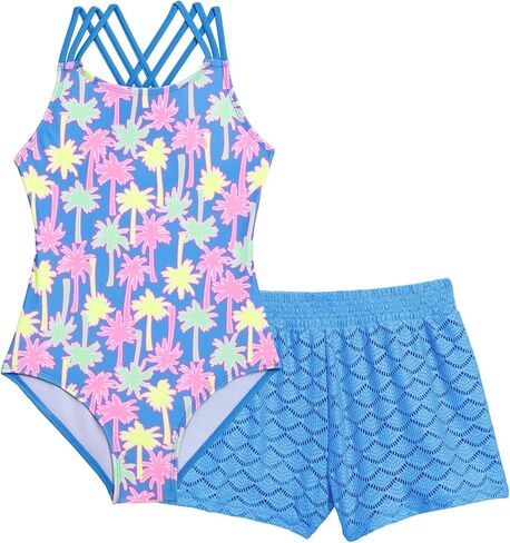 Aqua Green Girls Strappy One Piece Swimsuit with Crochet Short Coverup 2-Piece Set in Saudi Arabia