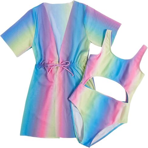 Girl's 2 Piece Bathing Suit Ombre Cut Out One Piece Swimsuit with Drawstring Cover Ups in Saudi Arabia