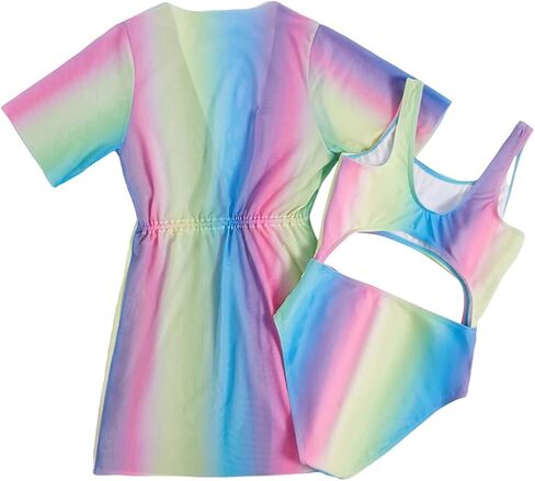 Girl's 2 Piece Bathing Suit Ombre Cut Out One Piece Swimsuit with Drawstring Cover Ups in Saudi Arabia