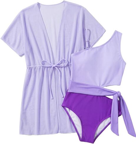 GRACE KARIN Girls One Piece One Shoulder Swimsuits Kids Cutout Waist Bathing Suits with Kimono Contrast Color Swimwear 6-14 in Saudi Arabia