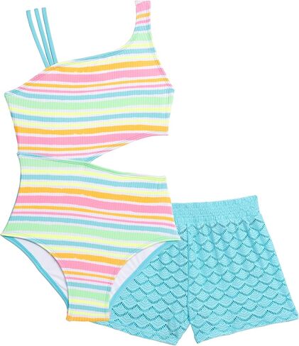 Aqua Green Girls Strappy Cutout Ribbed One Piece Swimsuit with Crochet Short Coverup 2-Piece Set in Saudi Arabia