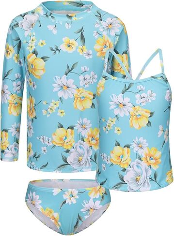 Girls 3 Piece Swimsuits Set for Girls Long Sleeve Rash Guard Swim Set Hawaiian Beach Tankini Bathing Suits in Saudi Arabia