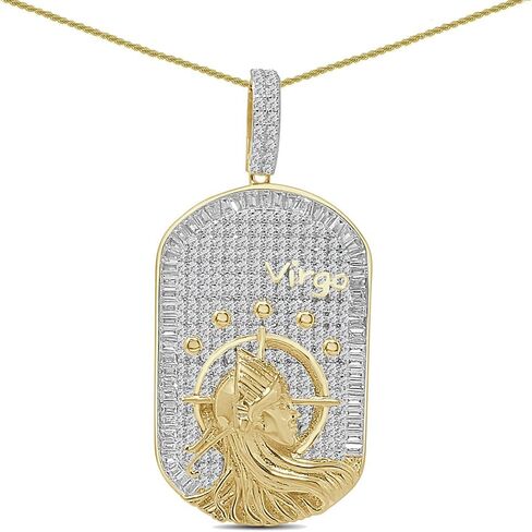 VVS1/D 4.25 Ctw. 14k Solid Yellow Gold Bonded Baguette/Round Cut Lab Grown Diamonds Zodiac Lucky Birth Sign Astrology Horoscope Dog Tag Frame Pendant Charm Chain Neckless Set in Kuwait