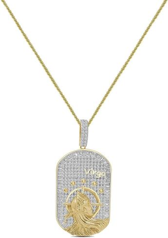 VVS1/D 4.25 Ctw. 14k Solid Yellow Gold Bonded Baguette/Round Cut Lab Grown Diamonds Zodiac Lucky Birth Sign Astrology Horoscope Dog Tag Frame Pendant Charm Chain Neckless Set in Kuwait
