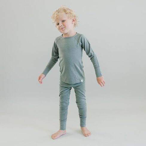 Woolino Merino Wool Base Layer for Kids - Super Soft Kids Long Sleeve Thermal Top and Leggings - All Natural Base Layer Shirt and Bottoms - Sage in Saudi Arabia