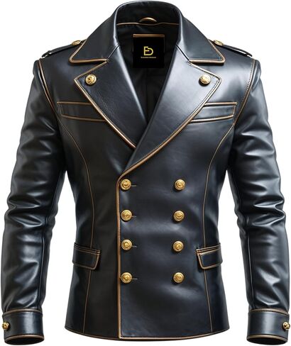 Men Real Leather Double Breasted Blazer Gold Button Military Inspired Black Designer Jacket Formal Fashion in Saudi Arabia