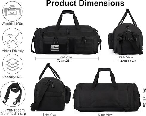 LHI 50L Tactical Duffle Bag for Men, 3-in-1 Gym Duffle and Backpack, Shoe Compartment, Laptop Sleeve and MOLLE, Carry-On Travel Weekender and Overnight Bag – Black in Kuwait