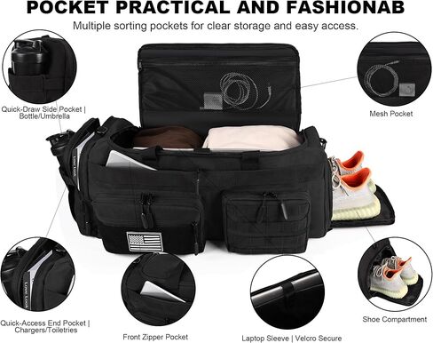 LHI 50L Tactical Duffle Bag for Men, 3-in-1 Gym Duffle and Backpack, Shoe Compartment, Laptop Sleeve and MOLLE, Carry-On Travel Weekender and Overnight Bag – Black in Kuwait