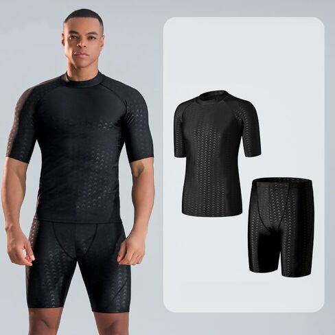 Men's Swim Rash Guard Set Short Sleeve and Shorts Sharkskin Imitation High Elastic Breathable Base Gym Set in Saudi Arabia