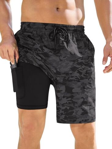 Mens Swim Trunks with Compression Liner Quick Dry Bathing Suit Waterproof Board Shorts with 3 Zipper Pockets in Kuwait