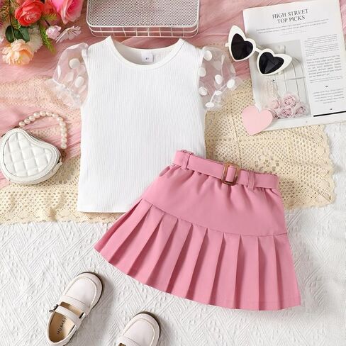 Girls' Skirt Set with Sheer Polka Dot Sleeve Top & Pleated Skirt, 4-7 Year Old Outfit in Saudi Arabia