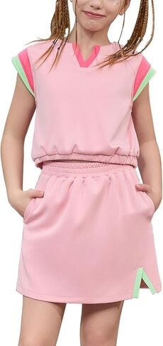 CHILDRENSTAR Girls Trendy Clothes Color Block 2 Pieces Summer Cropped Tops Skirt Sets Kids Activewear Skort,Built in Shorts in Saudi Arabia