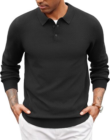 COOFANDY Men's Knit Polo Sweater Long Sleeve Casual Collared Quarter Button Golf Waffle Textured Sweater in Saudi Arabia