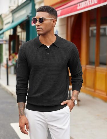 COOFANDY Men's Knit Polo Sweater Long Sleeve Casual Collared Quarter Button Golf Waffle Textured Sweater in Saudi Arabia