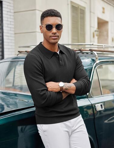 COOFANDY Men's Knit Polo Sweater Long Sleeve Casual Collared Quarter Button Golf Waffle Textured Sweater in Saudi Arabia