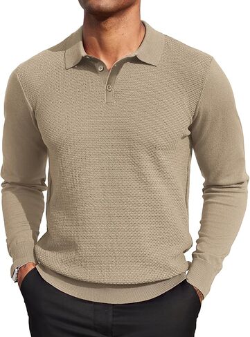 COOFANDY Men's Knit Polo Sweater Long Sleeve Casual Collared Quarter Button Golf Waffle Textured Sweater in Saudi Arabia