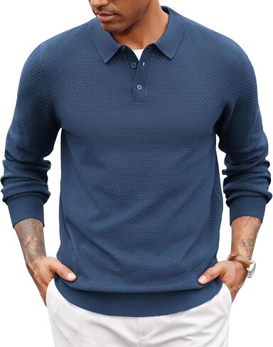 COOFANDY Men's Knit Polo Sweater Long Sleeve Casual Collared Quarter Button Golf Waffle Textured Sweater in Saudi Arabia