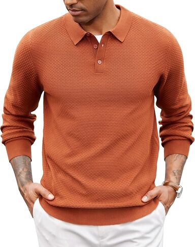 COOFANDY Men's Knit Polo Sweater Long Sleeve Casual Collared Quarter Button Golf Waffle Textured Sweater in Saudi Arabia