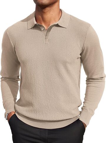 COOFANDY Men's Knit Polo Sweater Long Sleeve Casual Collared Quarter Button Golf Waffle Textured Sweater in Saudi Arabia