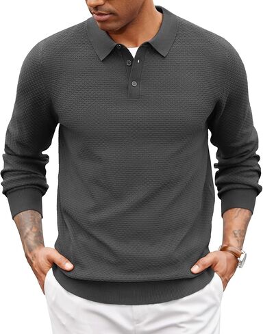 COOFANDY Men's Knit Polo Sweater Long Sleeve Casual Collared Quarter Button Golf Waffle Textured Sweater in Saudi Arabia
