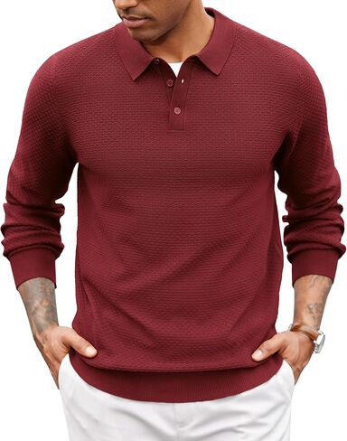 COOFANDY Men's Knit Polo Sweater Long Sleeve Casual Collared Quarter Button Golf Waffle Textured Sweater in Saudi Arabia