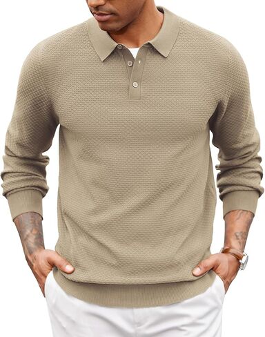 COOFANDY Men's Knit Polo Sweater Long Sleeve Casual Collared Quarter Button Golf Waffle Textured Sweater in Saudi Arabia