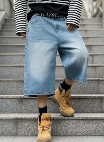 HUNGSON رجل فضفاض شورتات جينز للرجال النساء فضفاضة تناسب طويلة Y2k متزلج خمر عادي Jorts عادية واسعة الساق 16.5 بوصة درزة داخلية in Kuwait